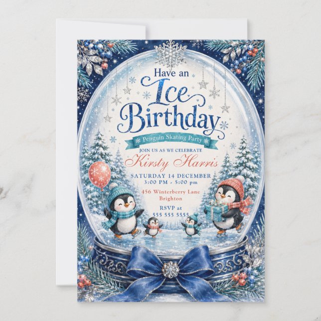 Invitación Feliz cumpleaños de hielo Pingüino Cumpleaños de p (Anverso)