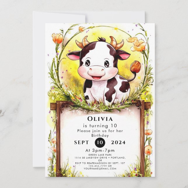 Invitación Feliz cumpleaños de la vaca pequeña (Anverso)