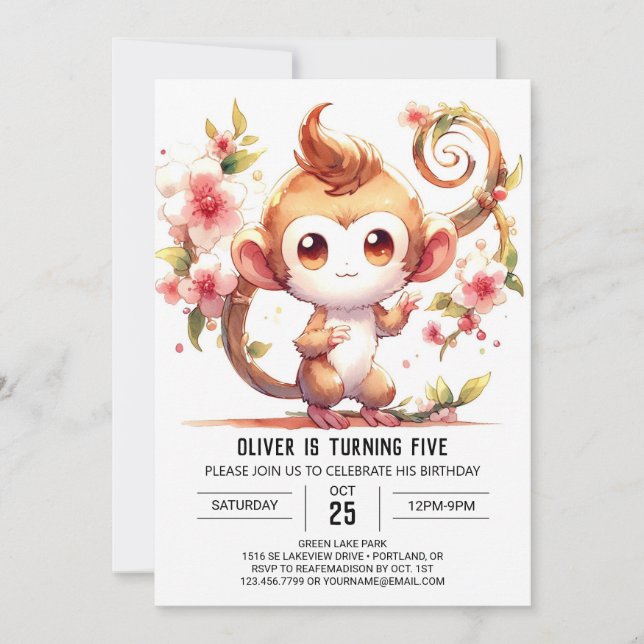 Invitación Feliz cumpleaños de mono digital (Anverso)
