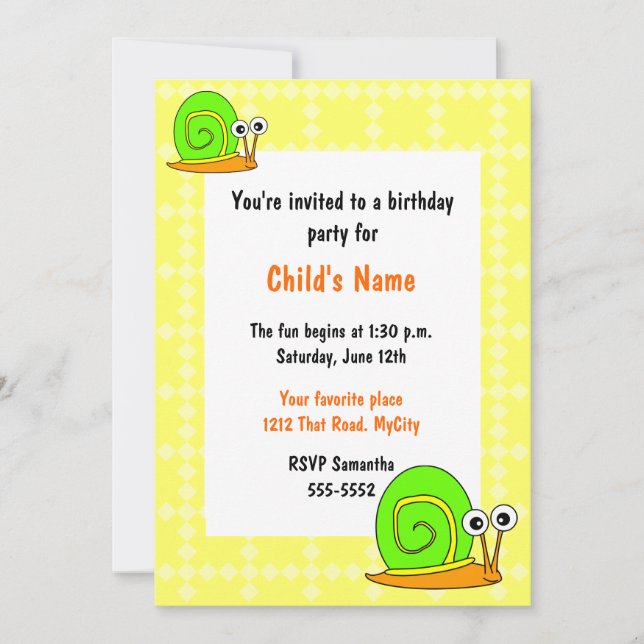 Invitación Feliz cumpleaños de niños caracoles (Anverso)