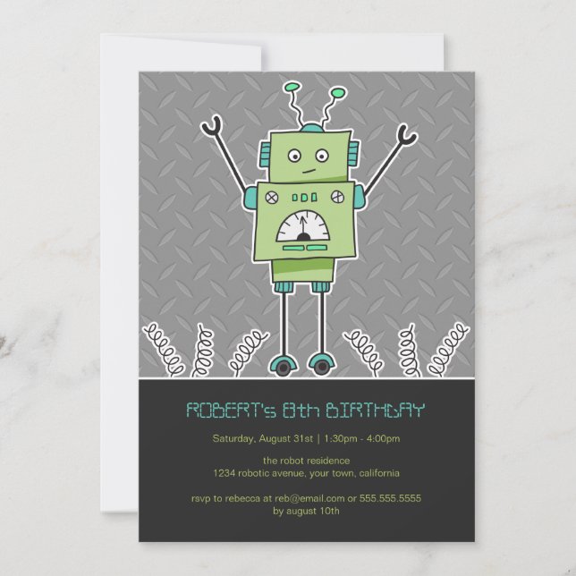 Invitación Feliz cumpleaños de Robot y Springs a Fiesta (Anverso)