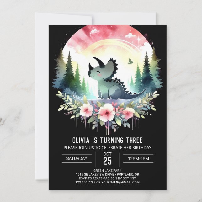 Invitación Feliz cumpleaños de Triceratops digitales (Anverso)