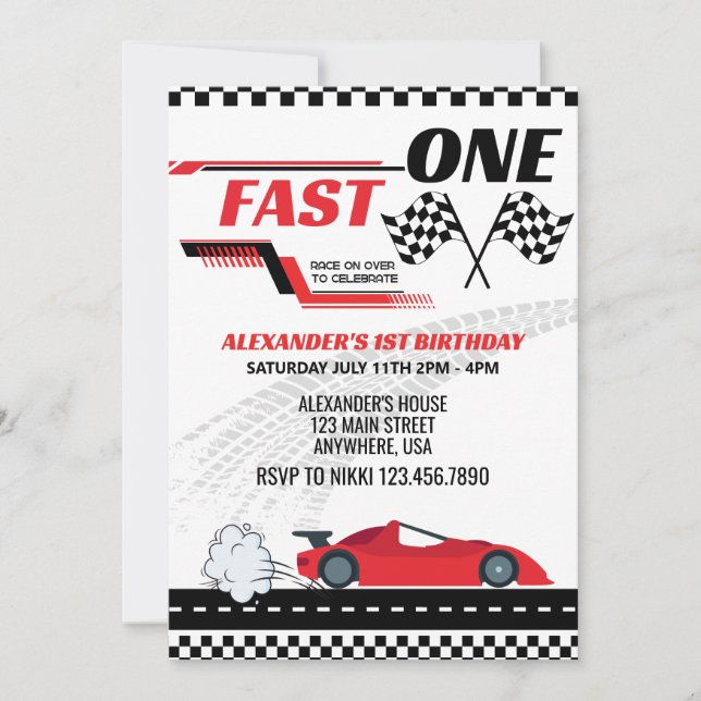 Invitación Feliz cumpleaños de un coche de carreras rojas (Anverso)