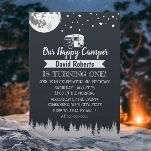 Invitación Feliz cumpleaños del bosque de Camper Moon Stars (Subido por el creador)