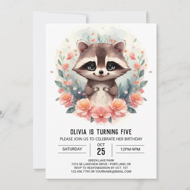 Invitación Feliz cumpleaños del Chica del mapache digital (Anverso)