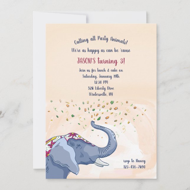 Invitación Feliz cumpleaños del elefante (Anverso)