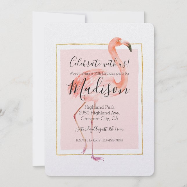 Invitación Feliz cumpleaños del flamenco rosado (Anverso)