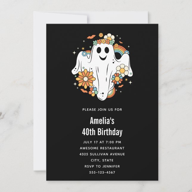 Invitación Feliz cumpleaños del Vibe Hippie Ghost Retro (Anverso)
