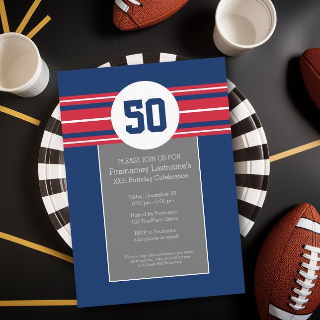 Invitación Feliz cumpleaños Deportes Jersey Stripes Nombre y  (Birthday Party Invitation - Sports Theme - Football Party Invitation)