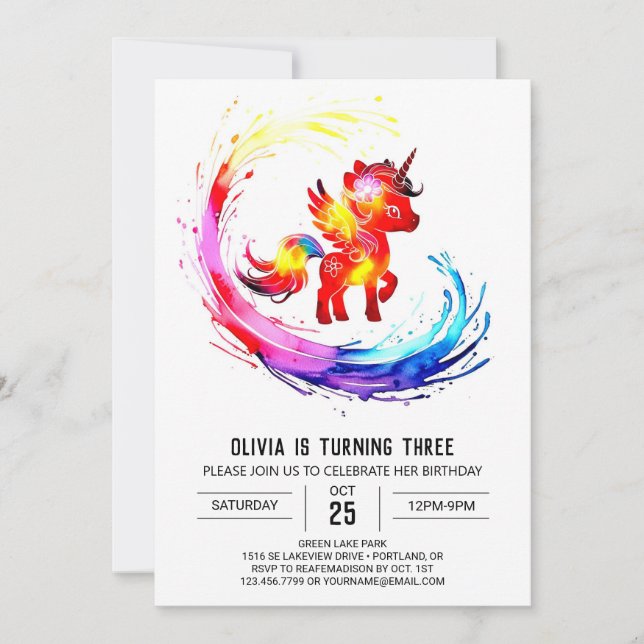 Invitación Feliz cumpleaños digital de Unicornio (Anverso)