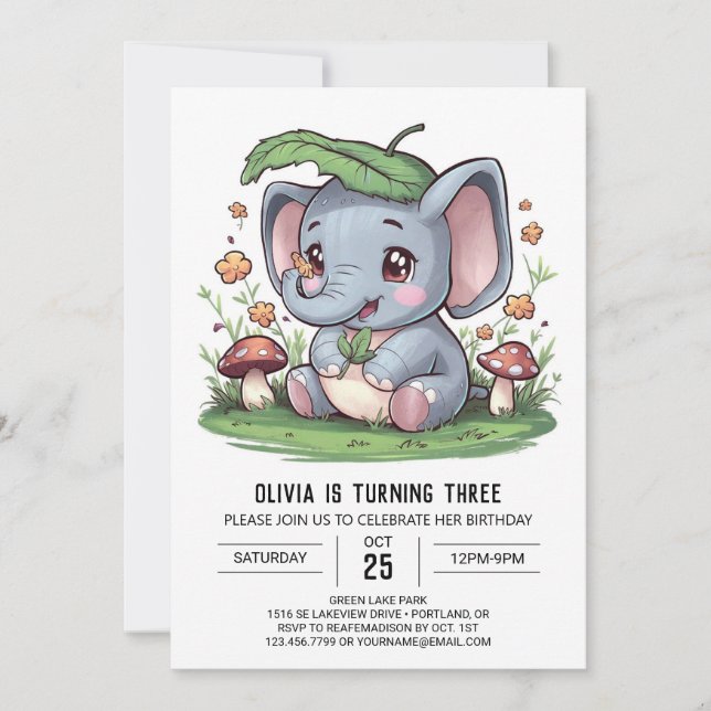 Invitación Feliz cumpleaños digital majestuoso para elefantes (Anverso)