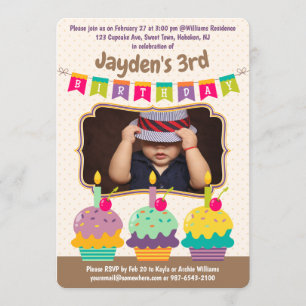Invitación Feliz Cumpleaños Edad Tres Pasteles Bunting Photo