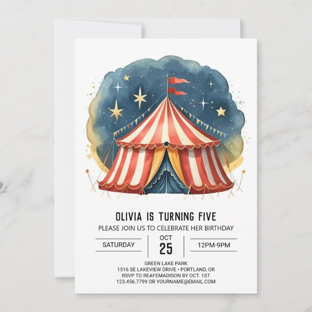 Invitación Feliz cumpleaños editorial del circo del carnaval (Anverso)