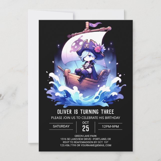 Invitación Feliz cumpleaños elegante del pirata (Anverso)