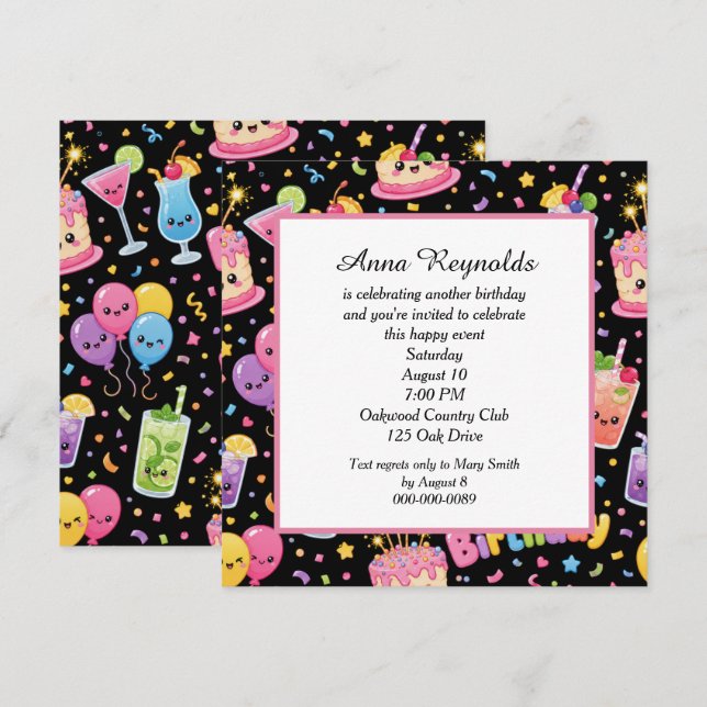 Invitación Feliz Cumpleaños Fiesta de Arte Kawaii (Anverso / Reverso)