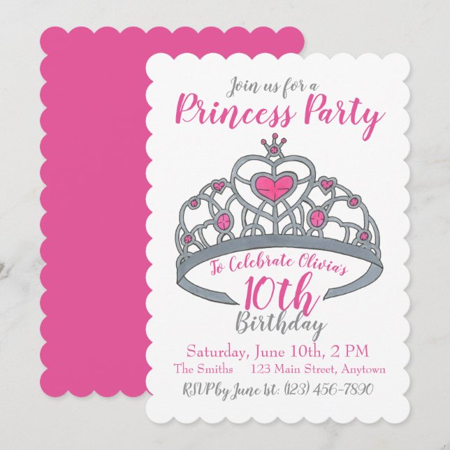 Invitación Feliz cumpleaños, Fiesta princesa rosa, corona de  (Anverso / Reverso)