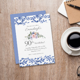 Invitación Feliz Cumpleaños Floral Blanco Azul