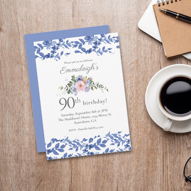 Invitación Feliz Cumpleaños Floral Blanco Azul (Subido por el creador)