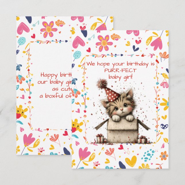 Invitación Feliz Cumpleaños Gatita Bebé Niña (Anverso / Reverso)