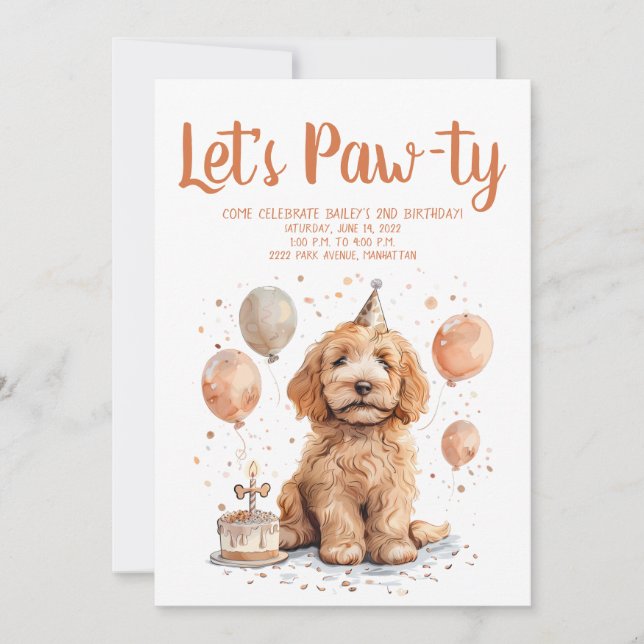 Invitación Feliz cumpleaños Goldendoodle Perro Pastel de cump (Anverso)