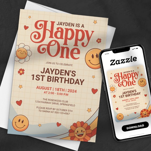 Invitación Feliz Cumpleaños Groovy Uno Cara Feliz Y2k (Subido por el creador)