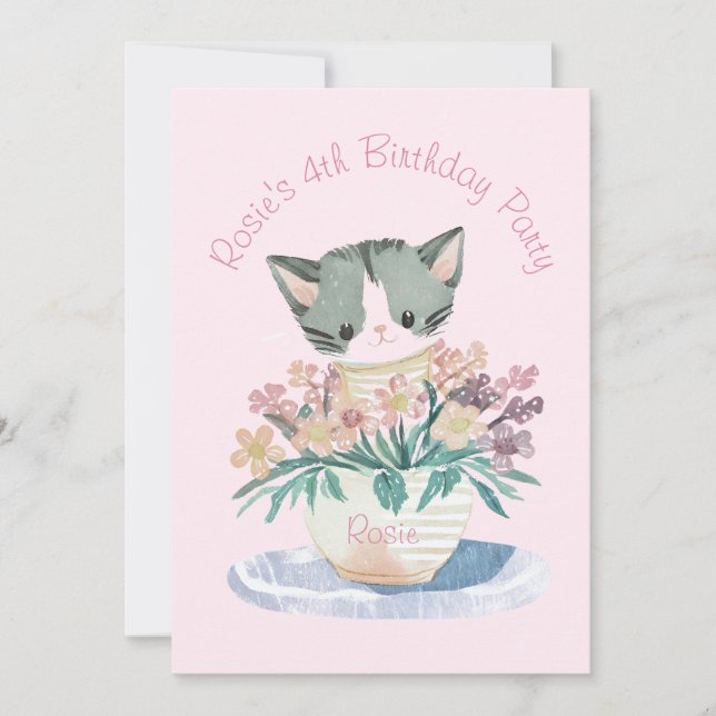 Invitación Feliz Cumpleaños Hija Gatito Nombre Y Foto Rosa (Anverso)
