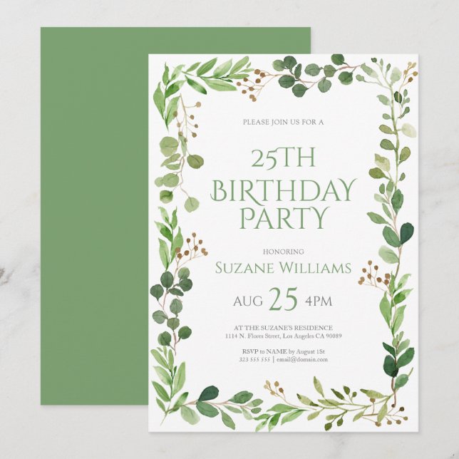 Invitación Feliz cumpleaños hojas verdes marco 2 (Anverso / Reverso)