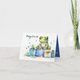 Invitación Feliz cumpleaños, linda rana verde con regalos env