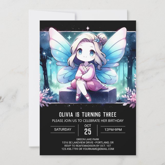 Invitación Feliz cumpleaños majestuoso de hadas (Anverso)