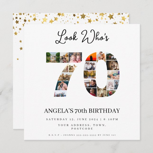 Invitación feliz cumpleaños mira quién cumple 70 fotomontaje (Anverso / Reverso)
