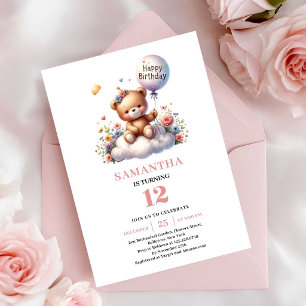 Invitación Feliz cumpleaños niña de la flor del globo del oso