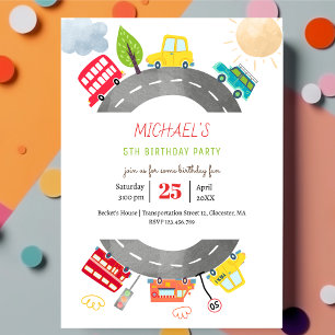 Invitación Feliz cumpleaños niño vehículos felices en la carr