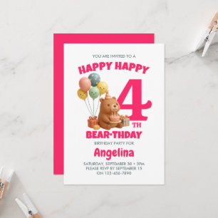 Invitación Feliz cumpleaños osito Teddy Bear Girls 4 cumpleañ