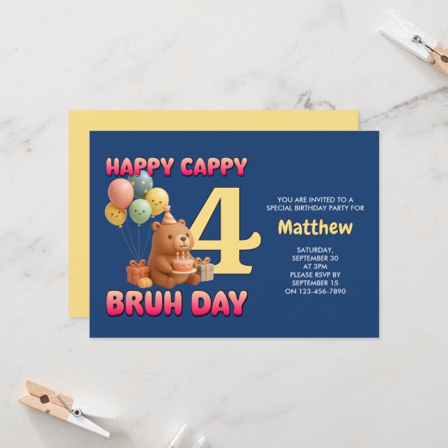 Invitación FELIZ CUMPLEAÑOS OSO DE PELUCHE 4º Cumpleaños (Anverso/Reverso In Situ)