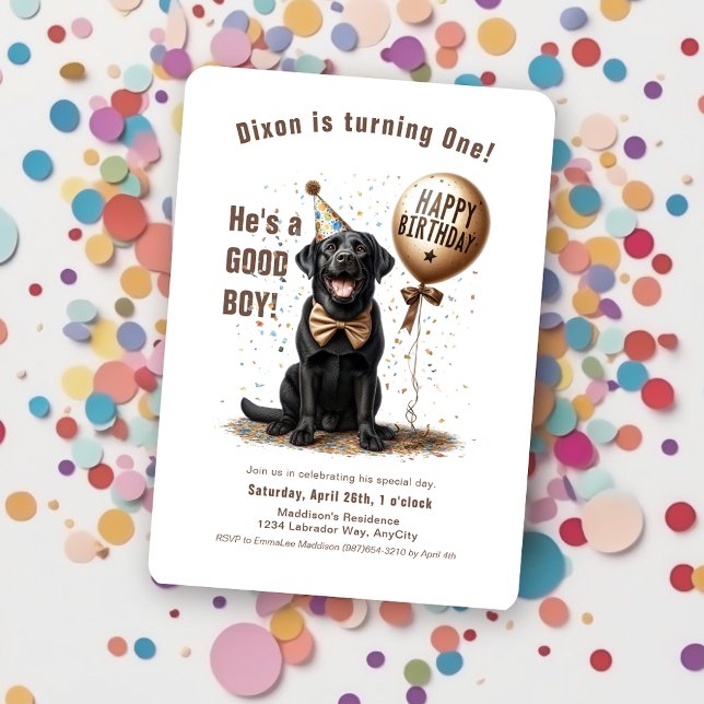Invitación Feliz cumpleaños Personalizado de globos de Labrad (black labrador happy birthday balloon party hat confetti invitation)
