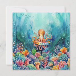 Invitación Feliz Cumpleaños Pulpo Vida Marina Océano Agua Pez