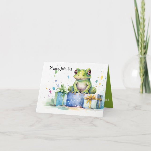 Invitación Feliz Cumpleaños Rana Verde Linda con regalos envu (Anverso)