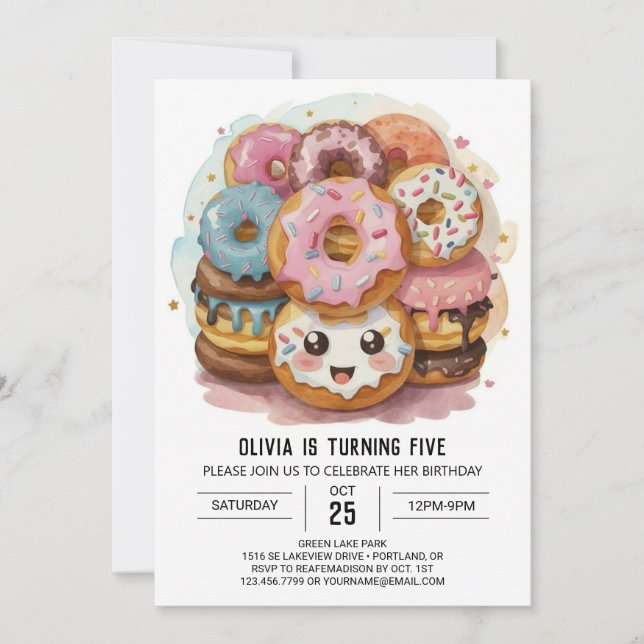 Invitación Feliz cumpleaños simple de donuts (Anverso)