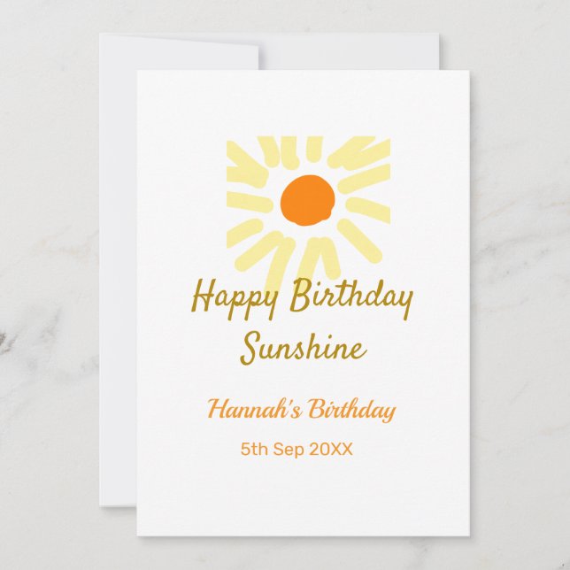 Invitación Feliz cumpleaños, sol, naranja amarillo. (Anverso)