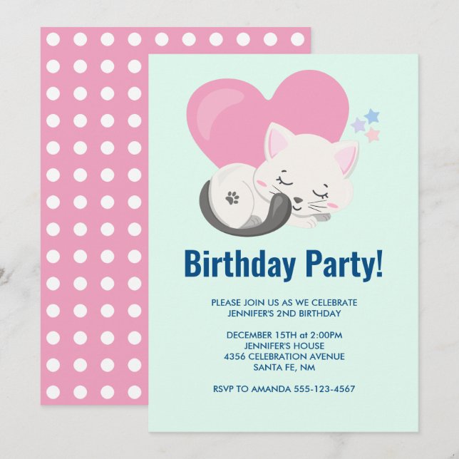 Invitación Feliz cumpleaños Sweet Kitty Cat durmiendo con un  (Anverso / Reverso)