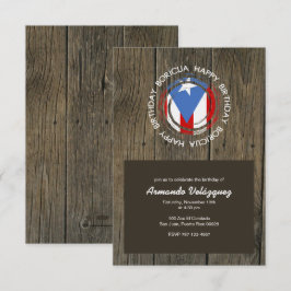 Invitación Feliz Cumpleaños Tema Boricua en Madera Rústica