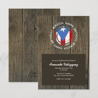Invitación Feliz Cumpleaños Tema Boricua en Madera Rústica