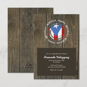 Invitación Feliz cumpleaños, tema de Boricua en la madera rús
