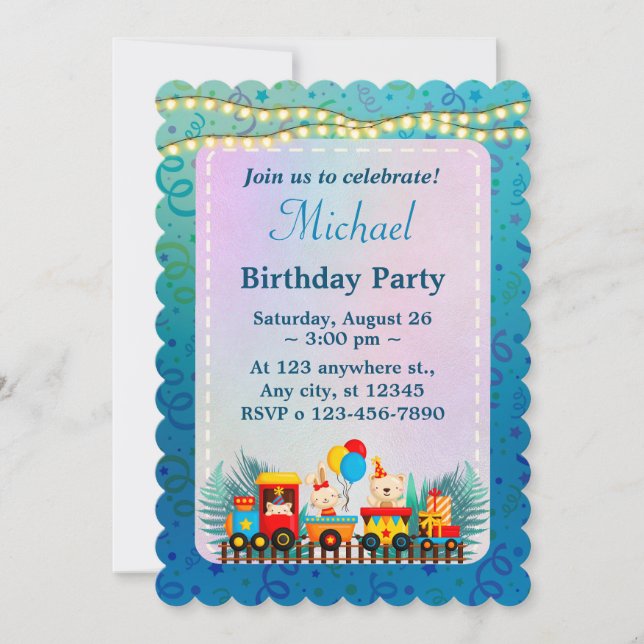 Invitación Feliz Cumpleaños Tren Con Deseos De Animales Lindo (Anverso)