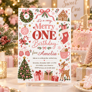 Invitación Feliz Cumpleaños Uno Rosa Navidad Primera Cumpleañ