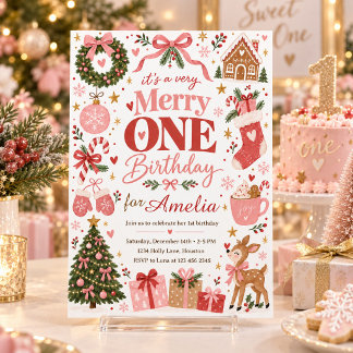 Invitación Feliz Cumpleaños Uno Rosa Navidad Primera Cumpleañ