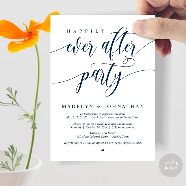 Invitación Feliz de haber cenado Fiesta Boda, azul marino (Happily Ever After Party, Modern Calligraphy Wedding Dinner Invitation Card, PDF, in Navy Blue)