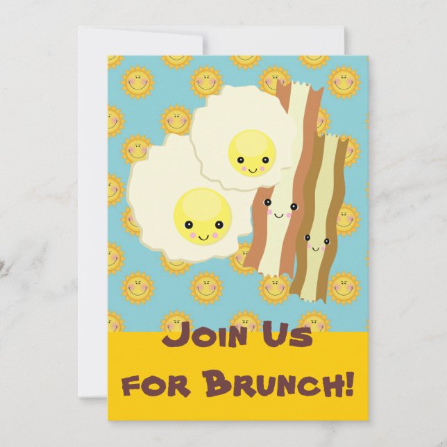 Invitación feliz desayuno de kawaii huevos bacon brunch (Anverso)