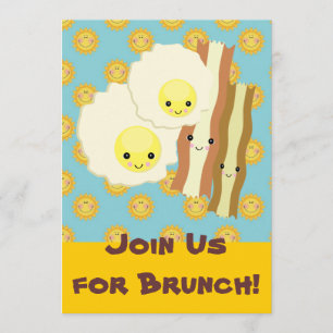 Invitación feliz desayuno de kawaii huevos bacon brunch
