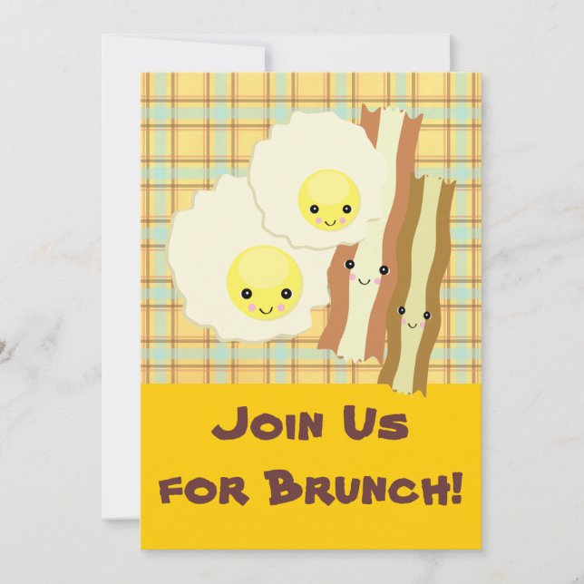 Invitación feliz desayuno de kawaii huevos bacon brunch (Anverso)